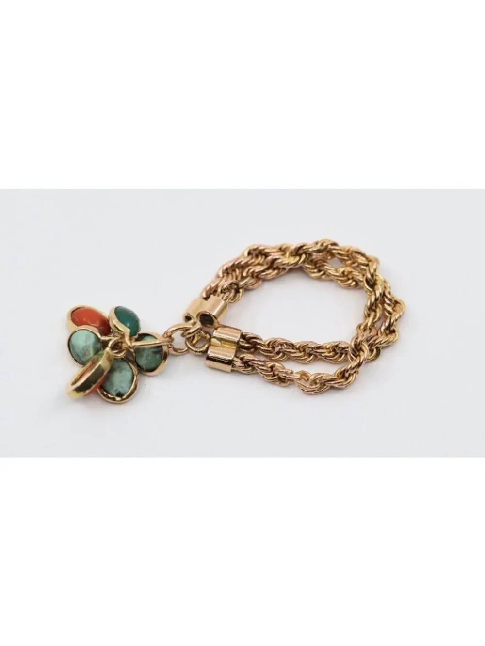 18K Solid Yellow Gold Coral & Turquoise Dangle Double Rope Chain Ring -Size 9.50